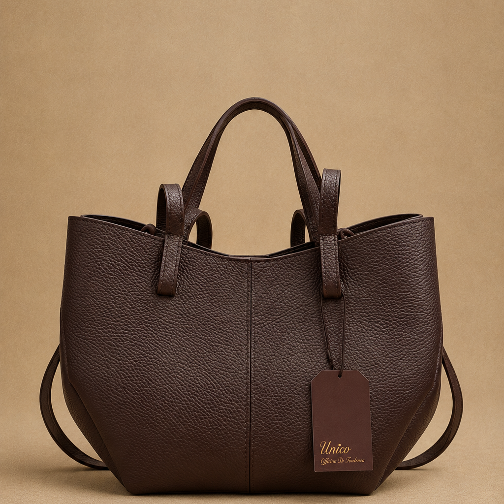 Borsa Shopper Donna in Pelle Martellata Testa di Moro con Doppio