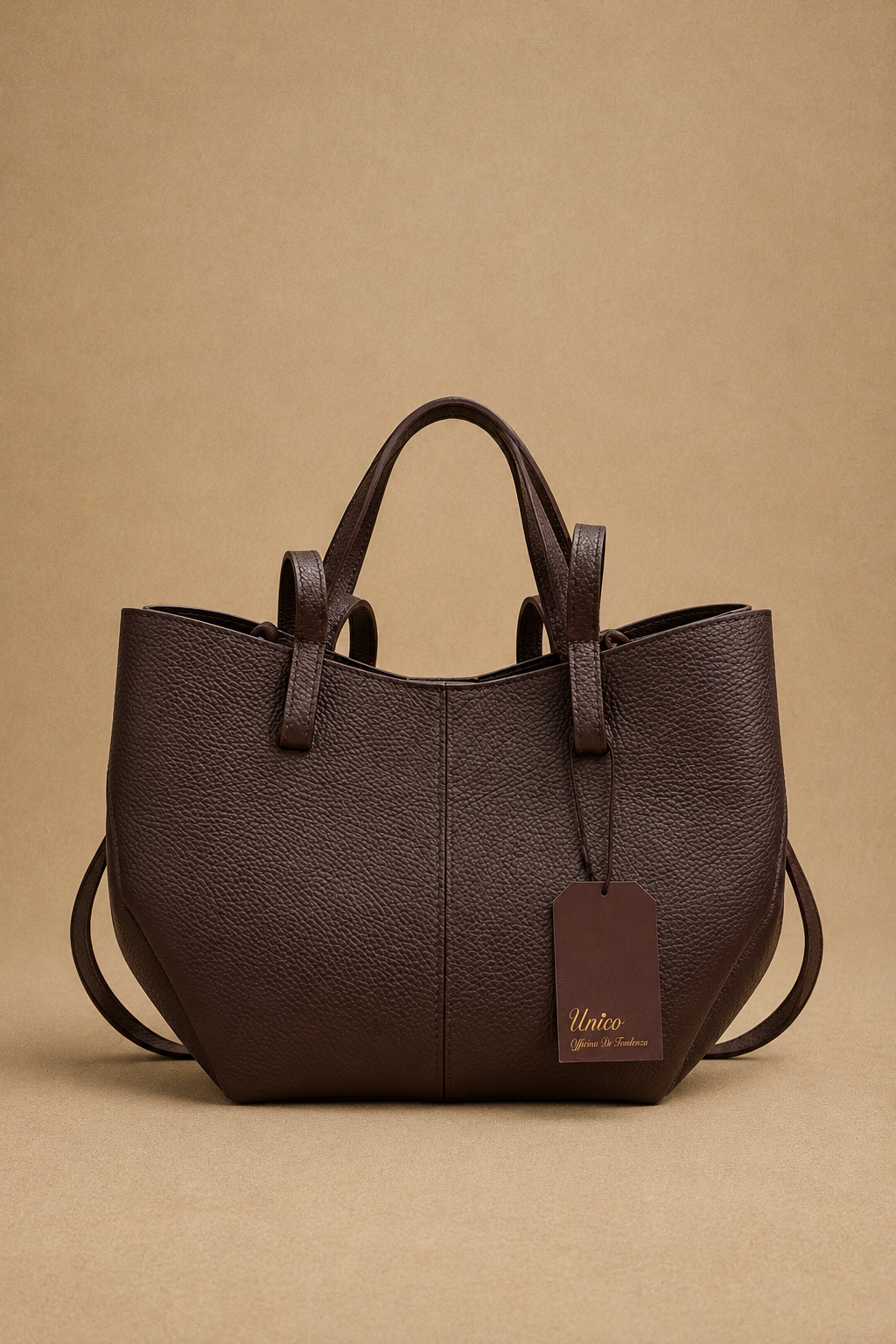 Borsa Shopper Donna in Pelle Martellata Testa di Moro con Doppio