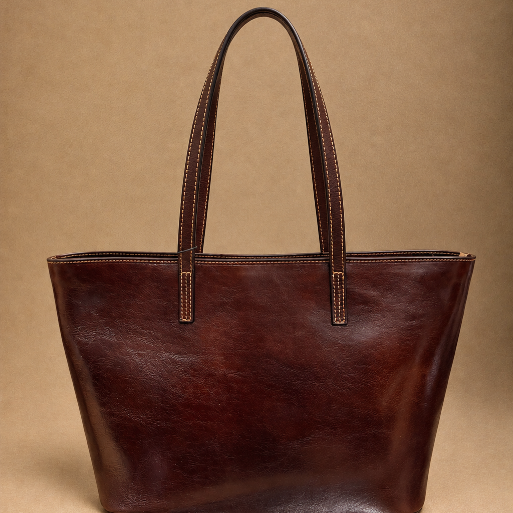 Borsa Shopper Donna in Vera Pelle Cognac Made in Italy con Manici Lunghi