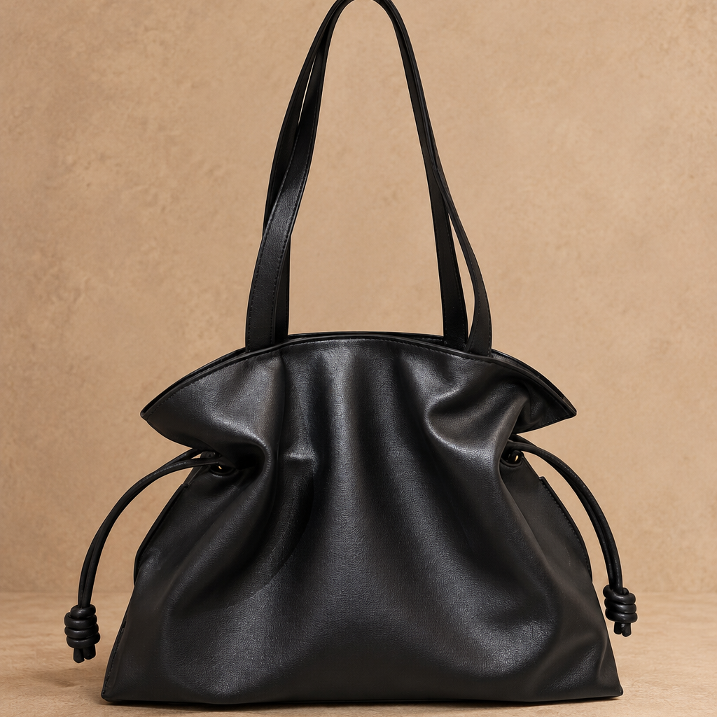 Borsa Tote Donna in Vera Pelle Nera con Coulisse Laterali e Tracolla