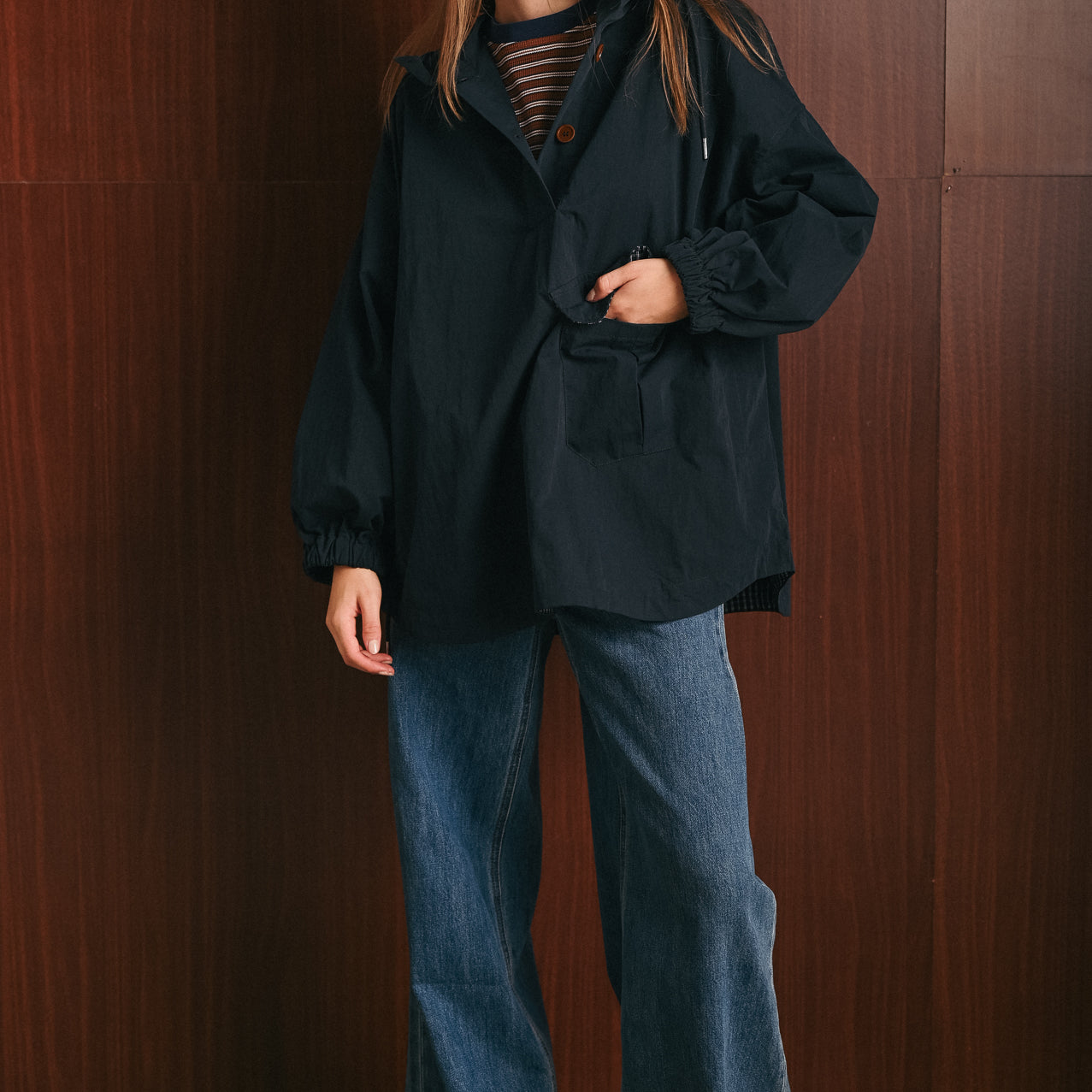 Rain Coat Donna Blu con Cappuccio, Tasche e Coulisse – Giacca Antipioggia Pullover