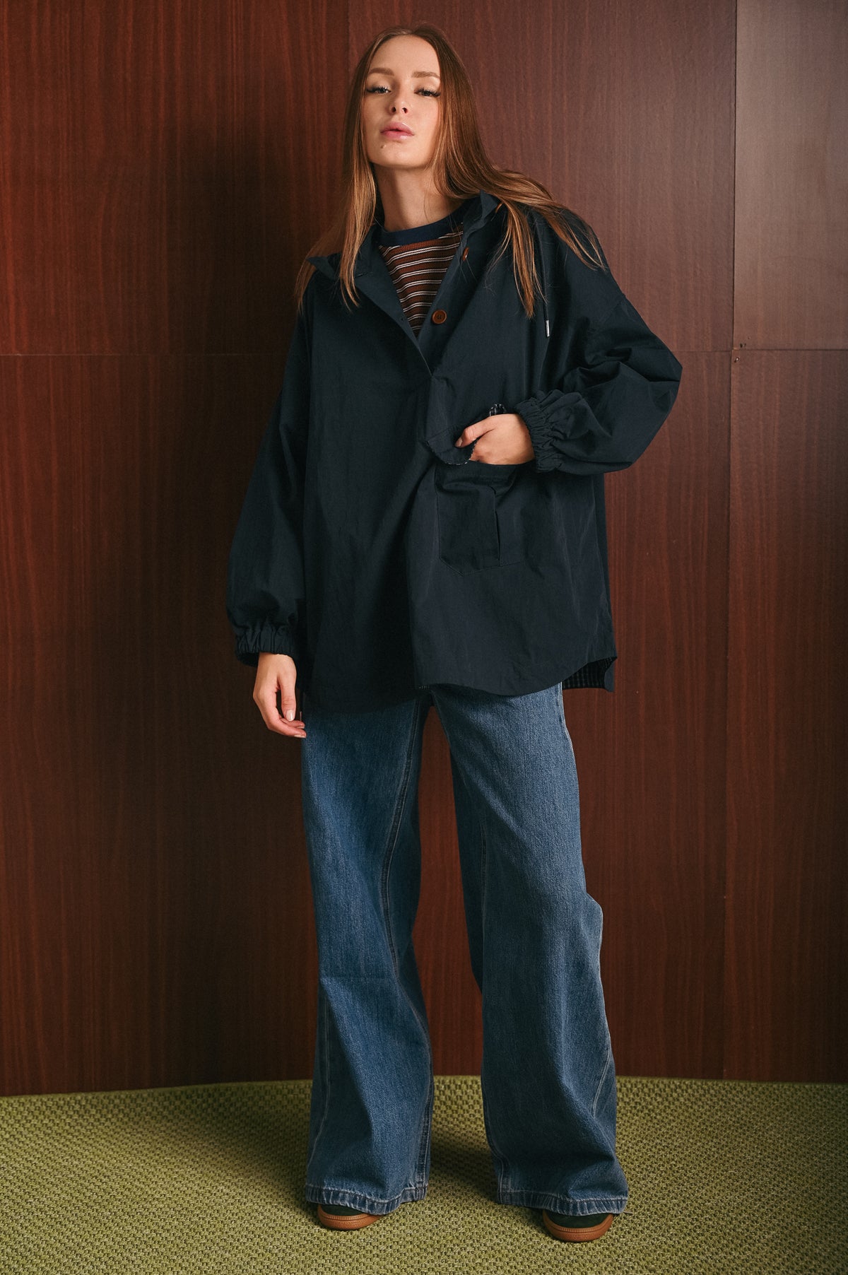 Rain Coat Donna Blu con Cappuccio, Tasche e Coulisse – Giacca Antipioggia Pullover