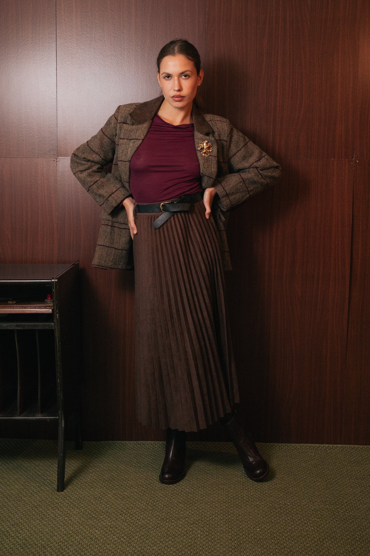 Gonna Lunga Plissé in Velluto Liscio Marrone - Vita Elastica