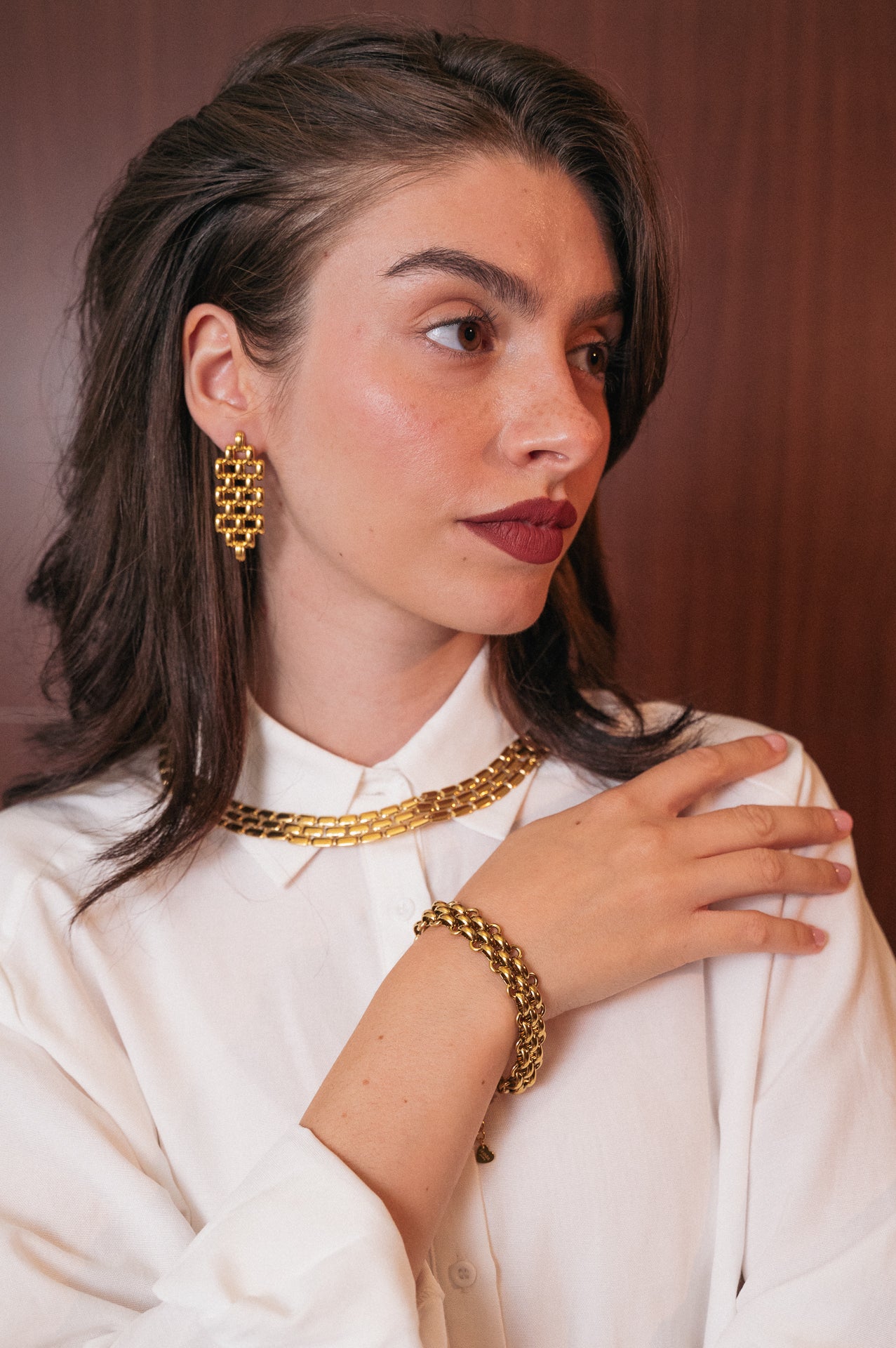 Set Gioielli a Maglia Grossetta Oro - Collana, Bracciale e Orecchini in Acciaio
