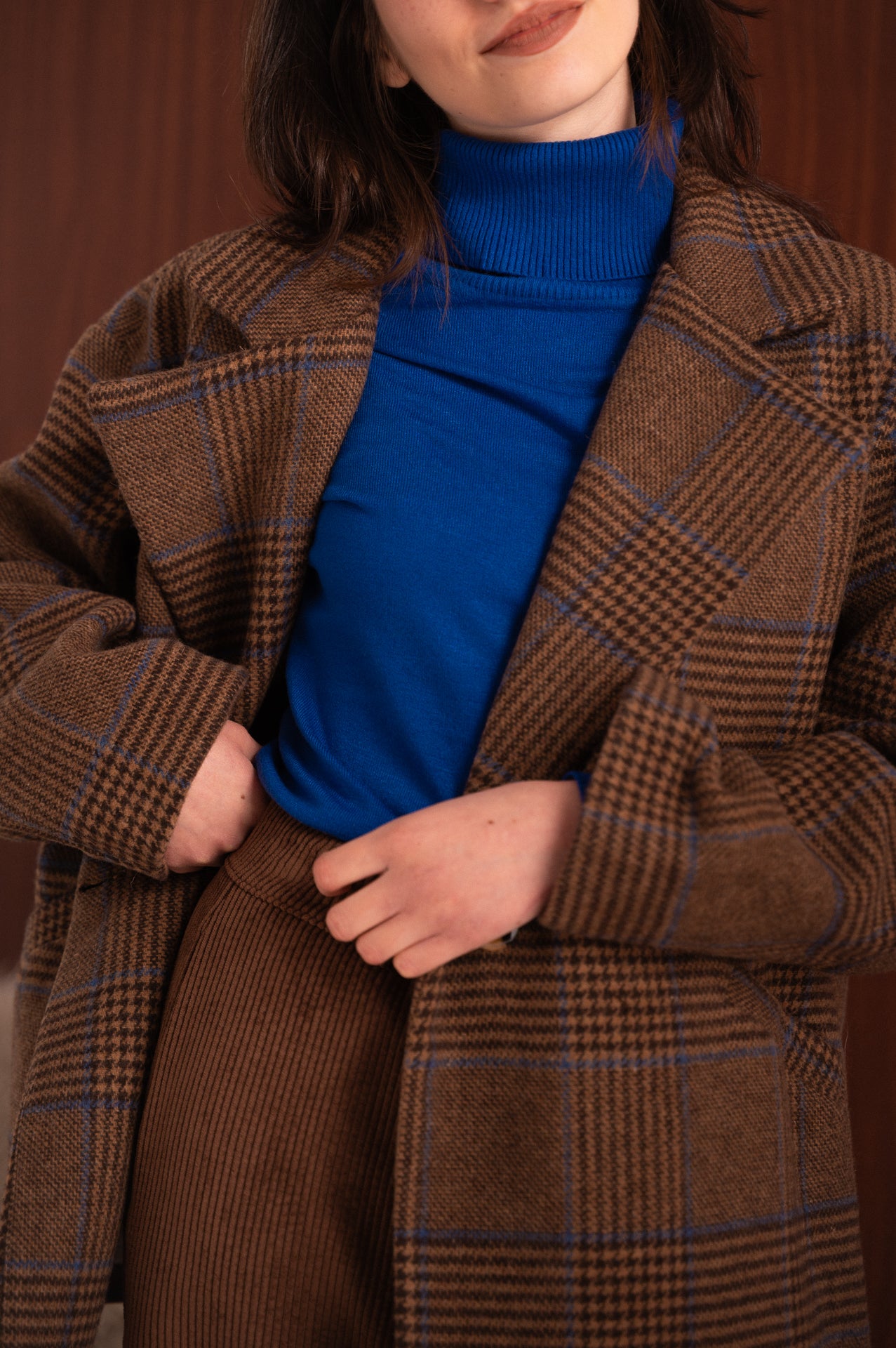 Cappotto blazer a quadri marrone con velina interna