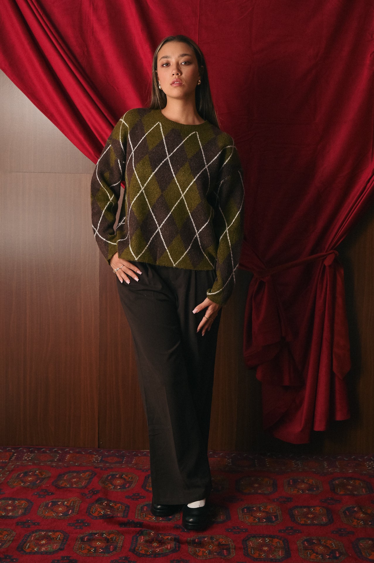 Maglione Donna Fantasia a rombi Caldo | Pullover Misto Lana Plaid