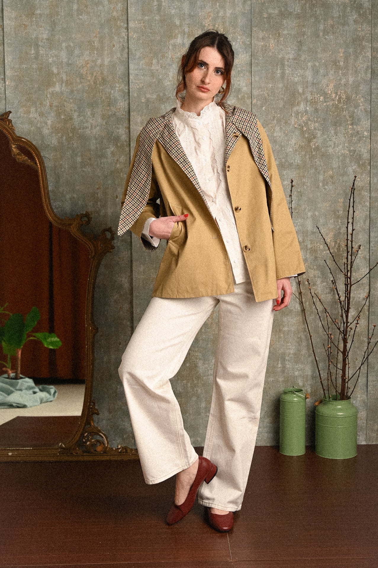 Giacca donna double-face beige Muschio con cappuccio e fantasia a quadretti