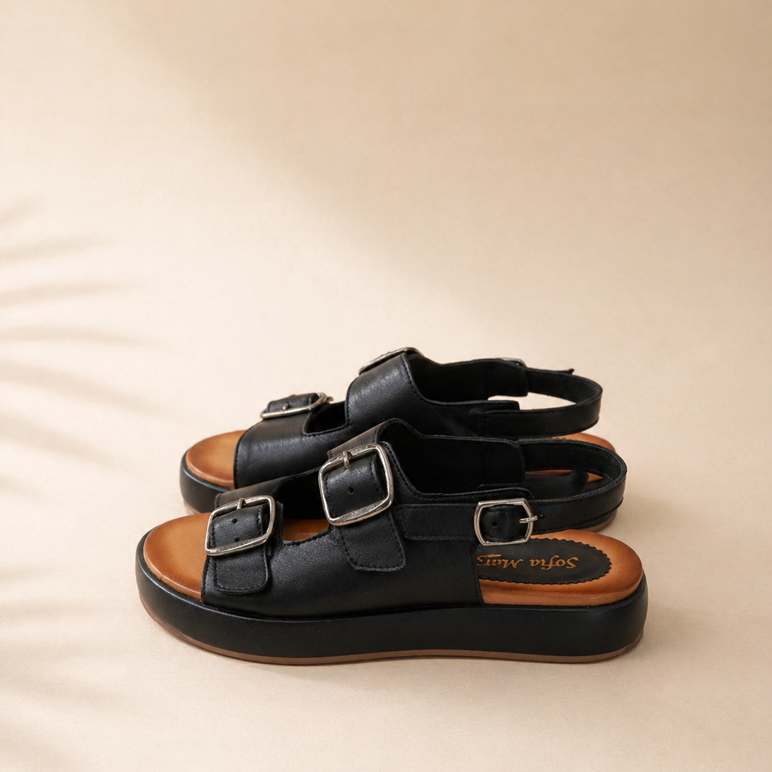Sandalo Plateau in Pelle Nero “Urban Buckle” con Doppia Fibbie oro