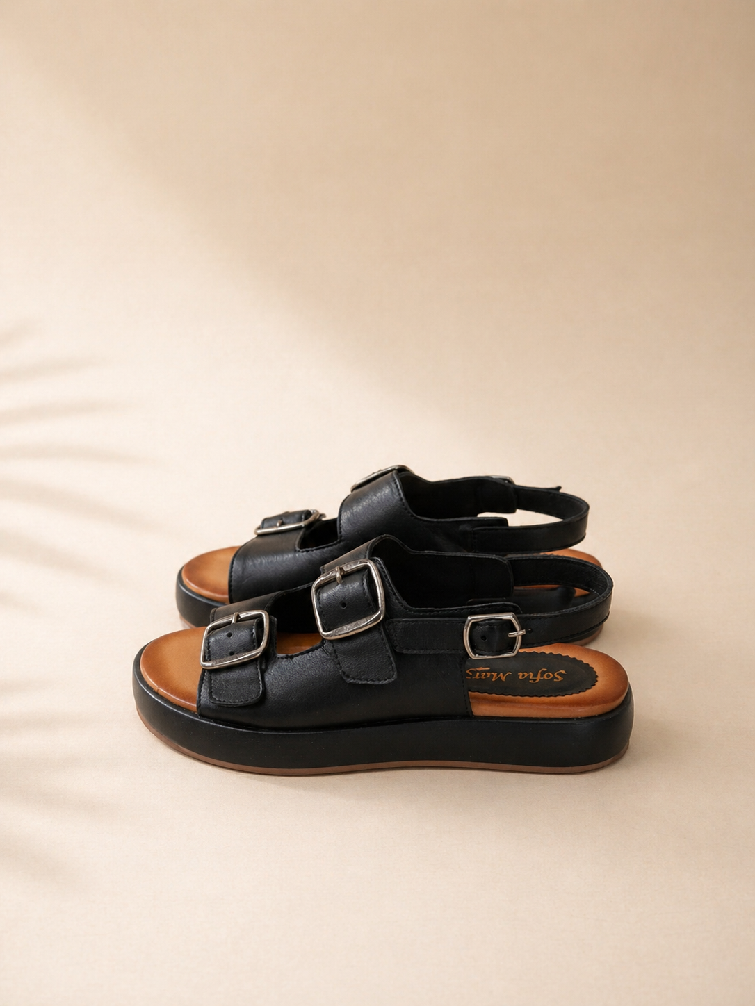 Sandalo Plateau in Pelle Nero “Urban Buckle” con Doppia Fibbie oro