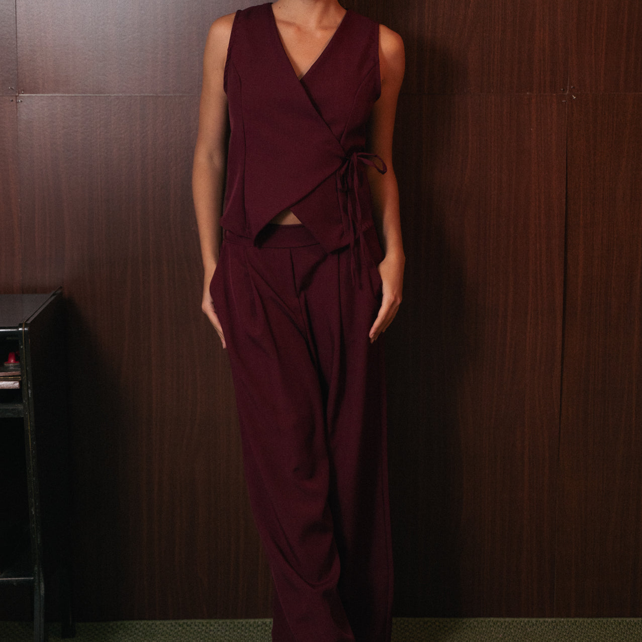 Completo Gilet e Pantalone Palazzo Donna Bordeaux | Tailleur Elegante Gamba Larga