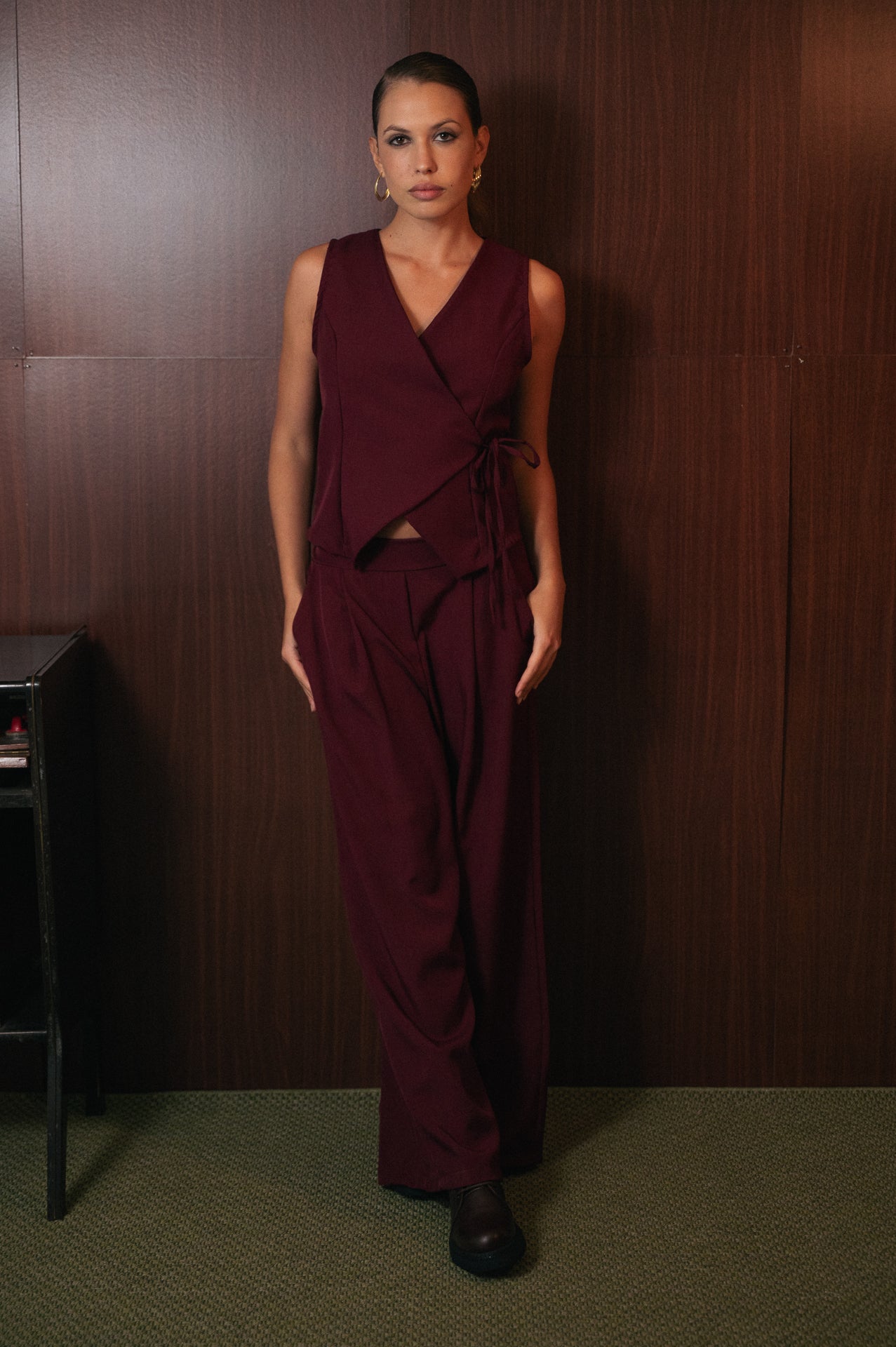 Completo Gilet e Pantalone Palazzo Donna Bordeaux | Tailleur Elegante Gamba Larga