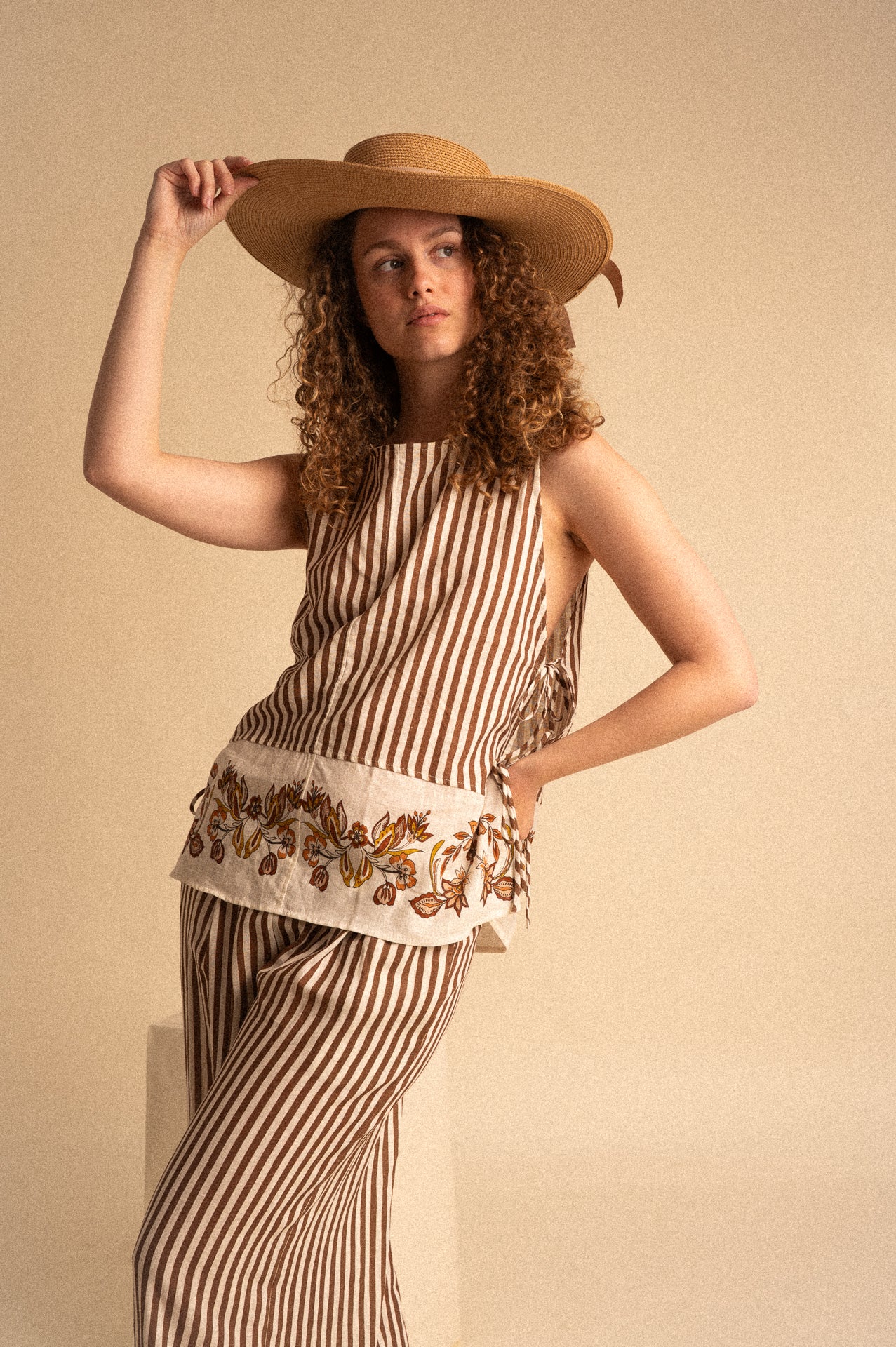 Pantalone Palazzo Donna a Righe in Lino e Viscosa con Elastico in Vita e Tasche