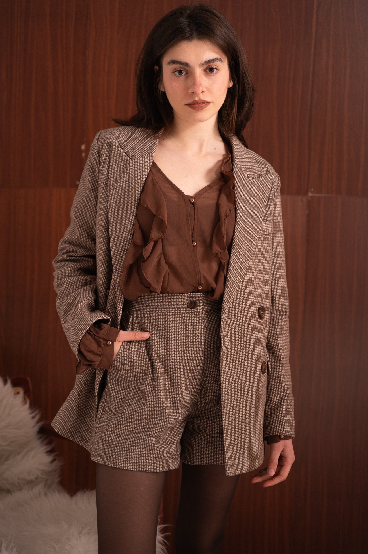 Coordinato Blazer e Shorts Micro Fantasia Pied de Poule Tortora