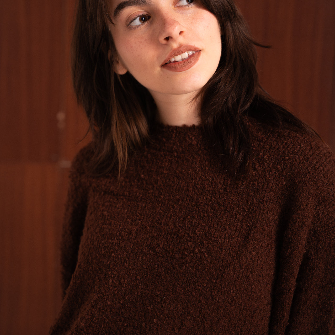 Maxi Maglione Bouclé Marrone in Misto Cotone