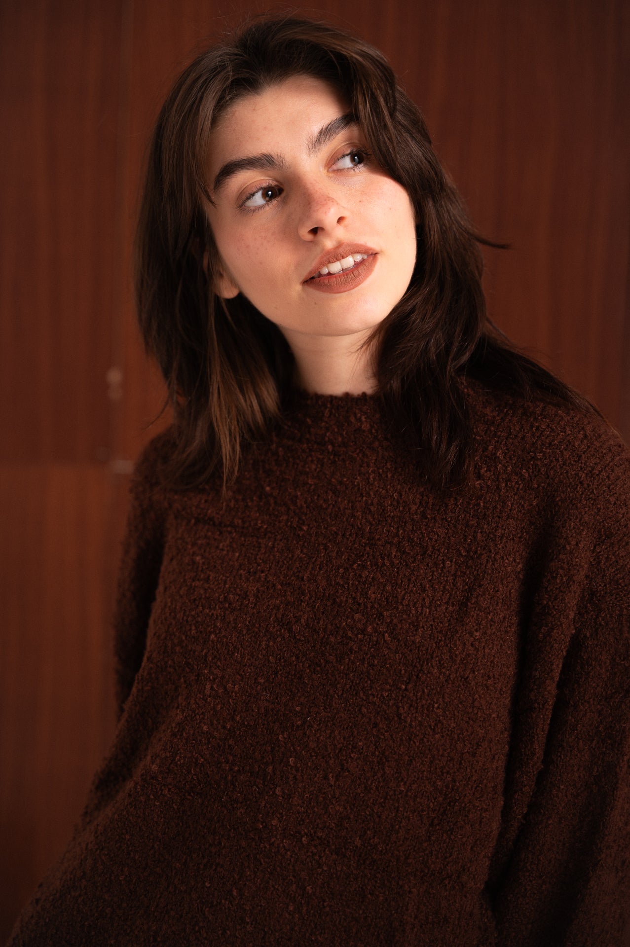 Maxi Maglione Bouclé Marrone in Misto Cotone