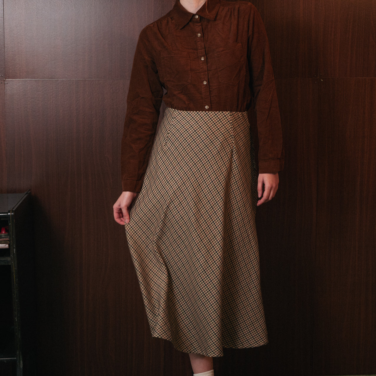 Gonna Midi Donna Pied de Poule Beige | Vita Alta Svasata