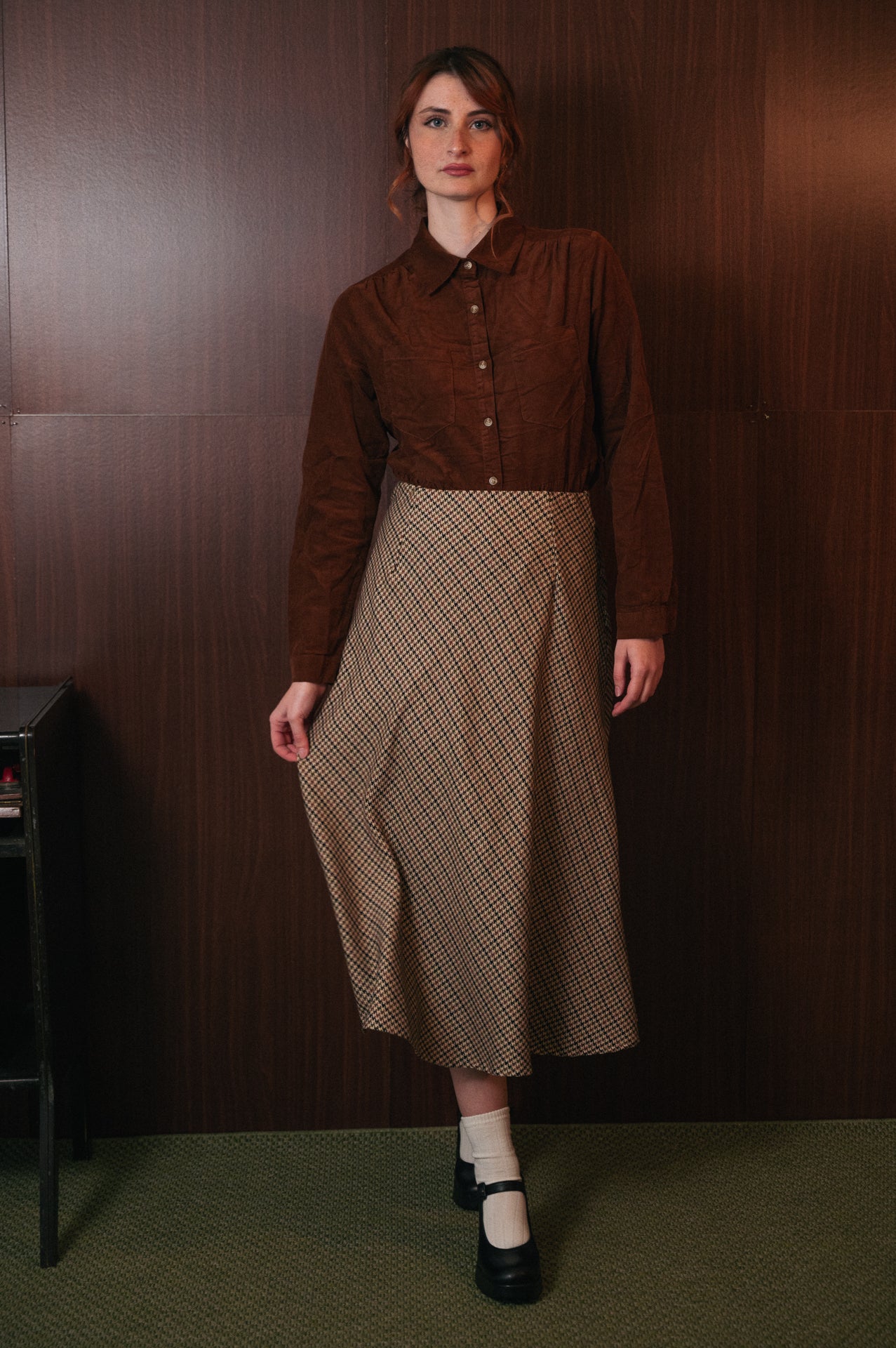 Gonna Midi Donna Pied de Poule Beige | Vita Alta Svasata