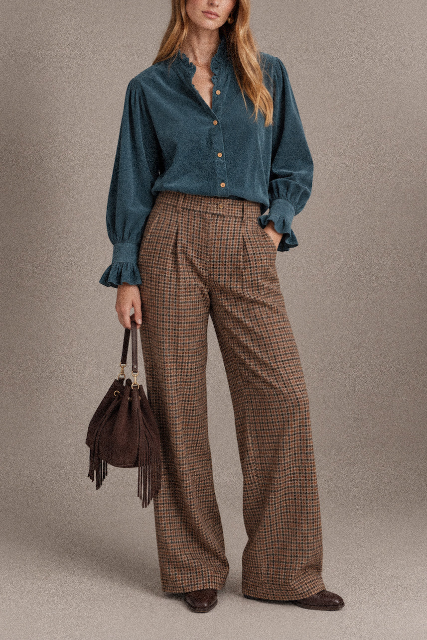 Camicia Donna Canard in Velluto Mille Righe con Colletto Rouche