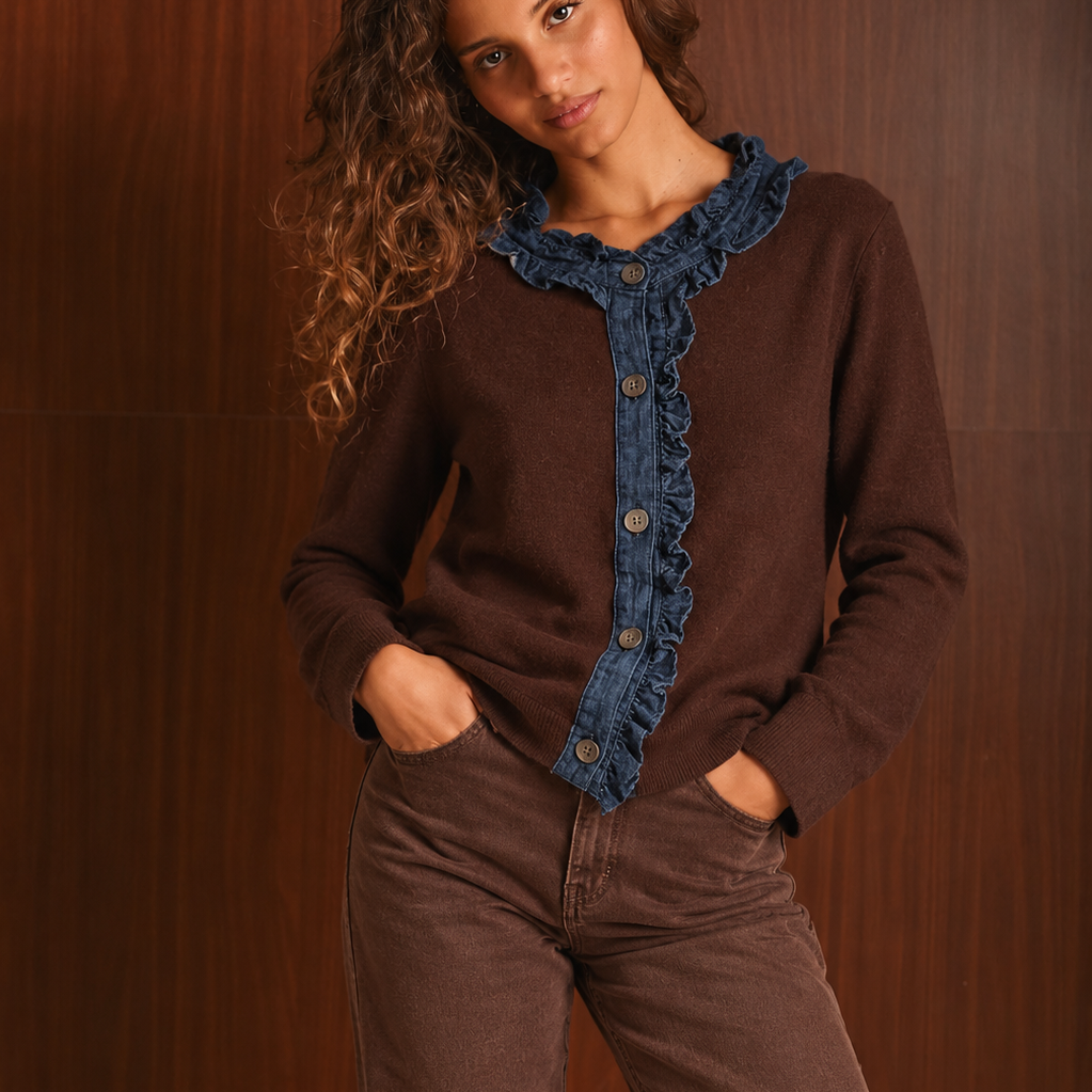 Cardigan Donna Marrone Cioccolato con Colletto e Volant in Denim Blu