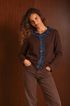 Cardigan Donna Marrone Cioccolato con Colletto e Volant in Denim Blu