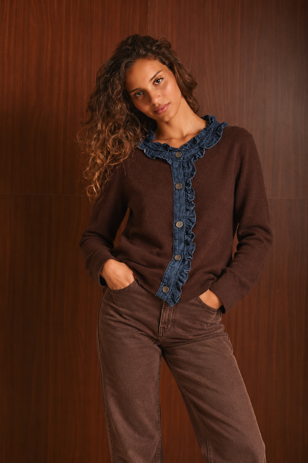 Cardigan Donna Marrone Cioccolato con Colletto e Volant in Denim Blu