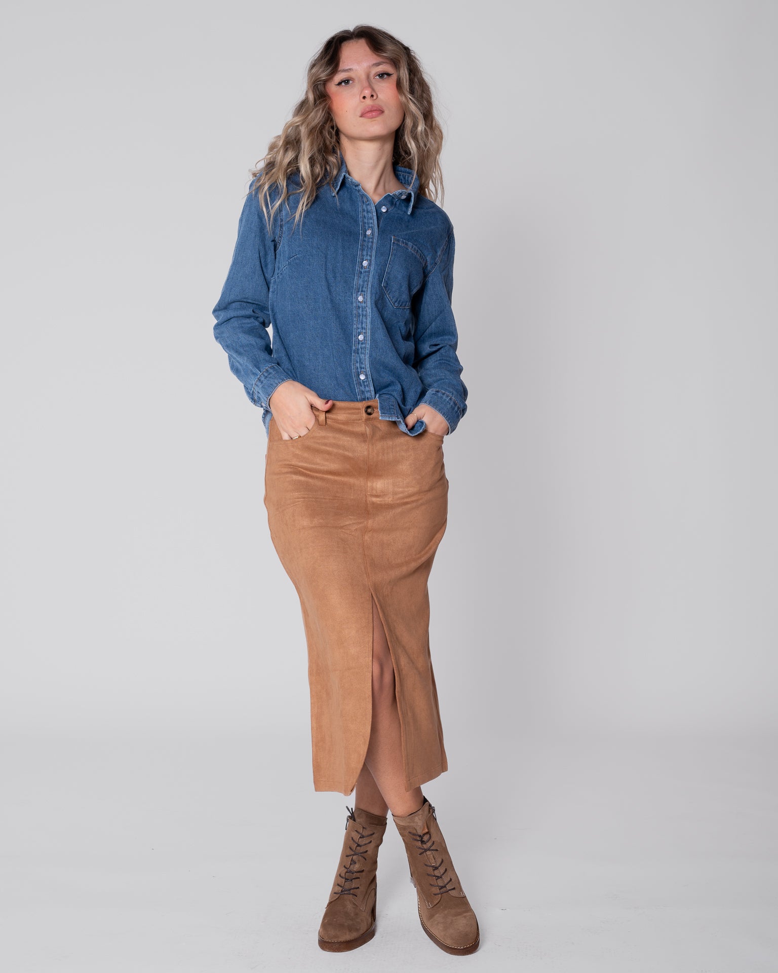 Camel suede long skirt