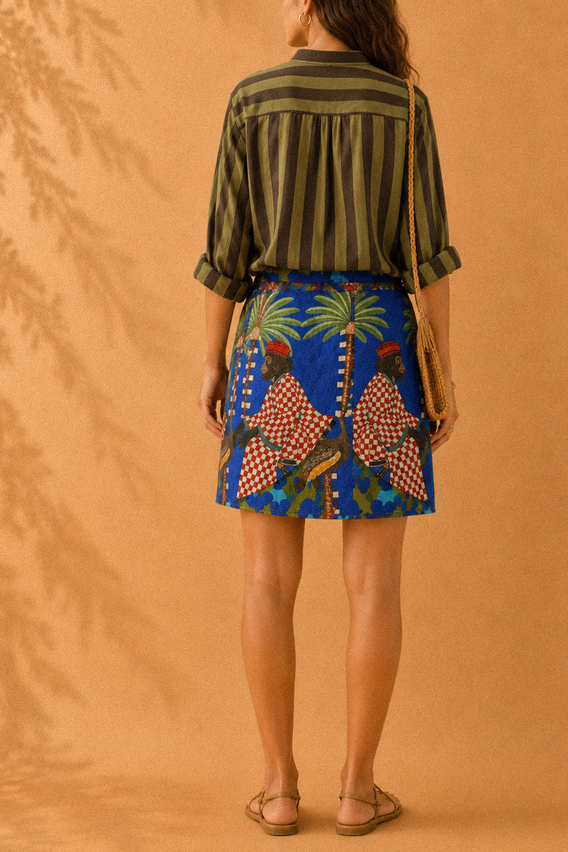 Camicia con collo coreano a righe verde e marrone in cotone
