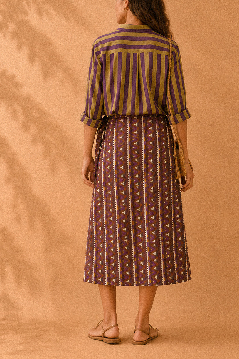 Camicia con collo coreano a righe viola e senape in cotone