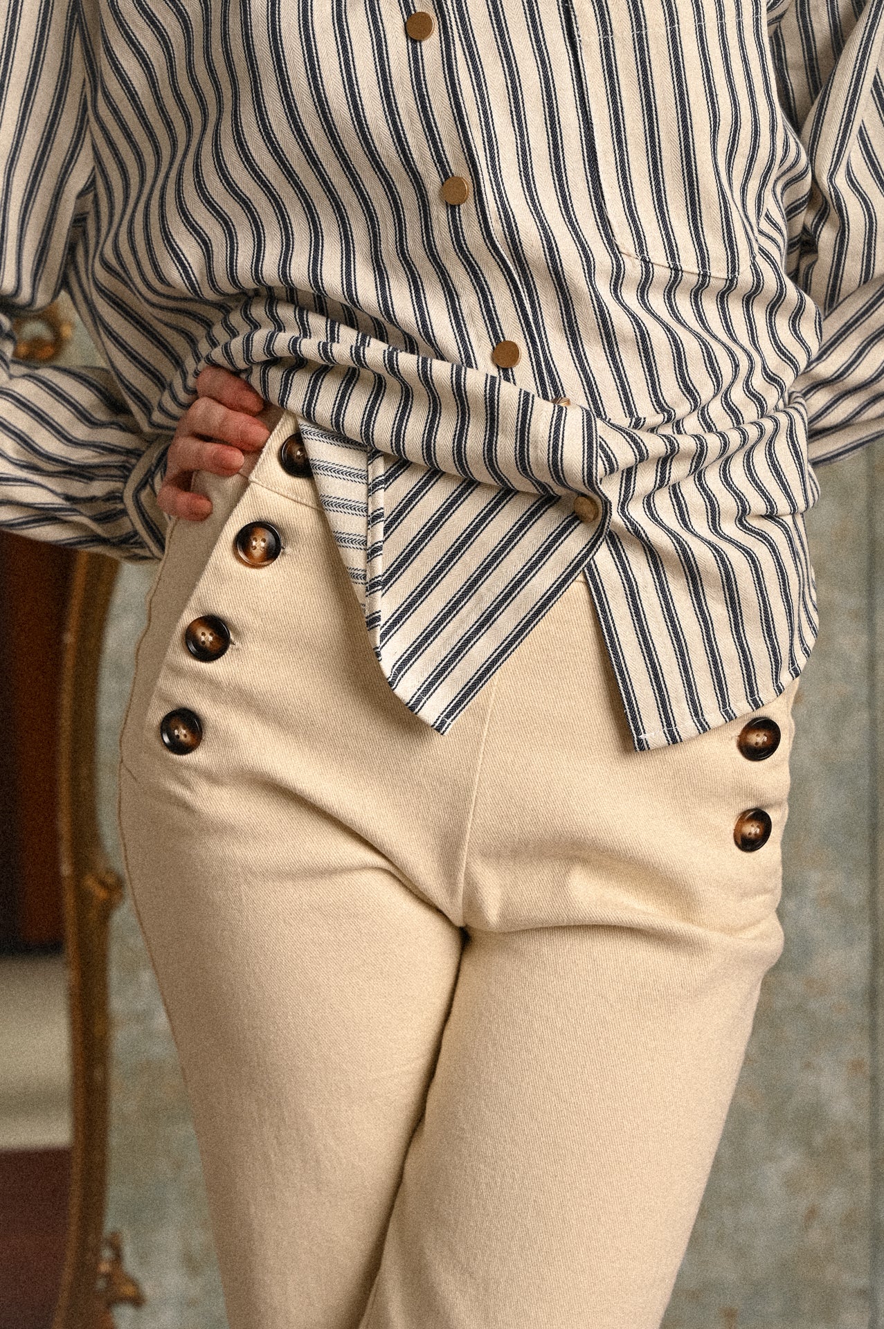 Jeans Calendula panna donna  – pantalone a vita alta con bottoni laterali