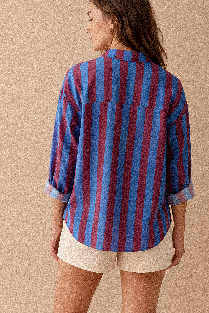 Camicia donna a righe blu e bordeaux con colletto coreano in cotone