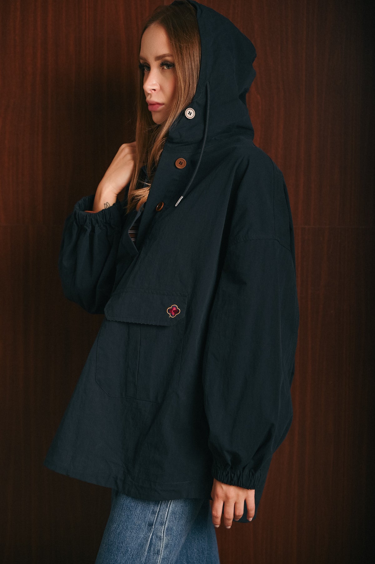 Rain Coat Donna Blu con Cappuccio, Tasche e Coulisse – Giacca Antipioggia Pullover