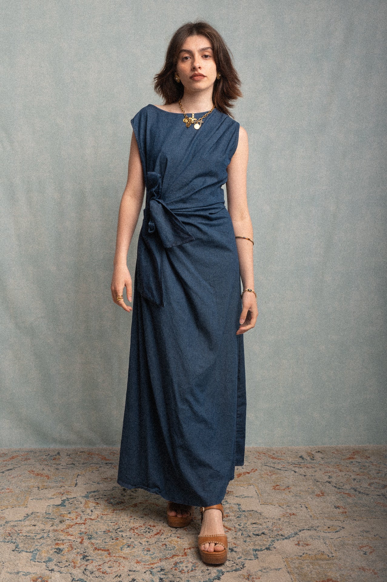 Abito denim con fiocco