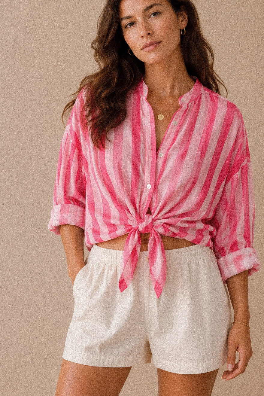 Camicia a Righe Rosa e Fucsia con Colletto Coreano in Cotone