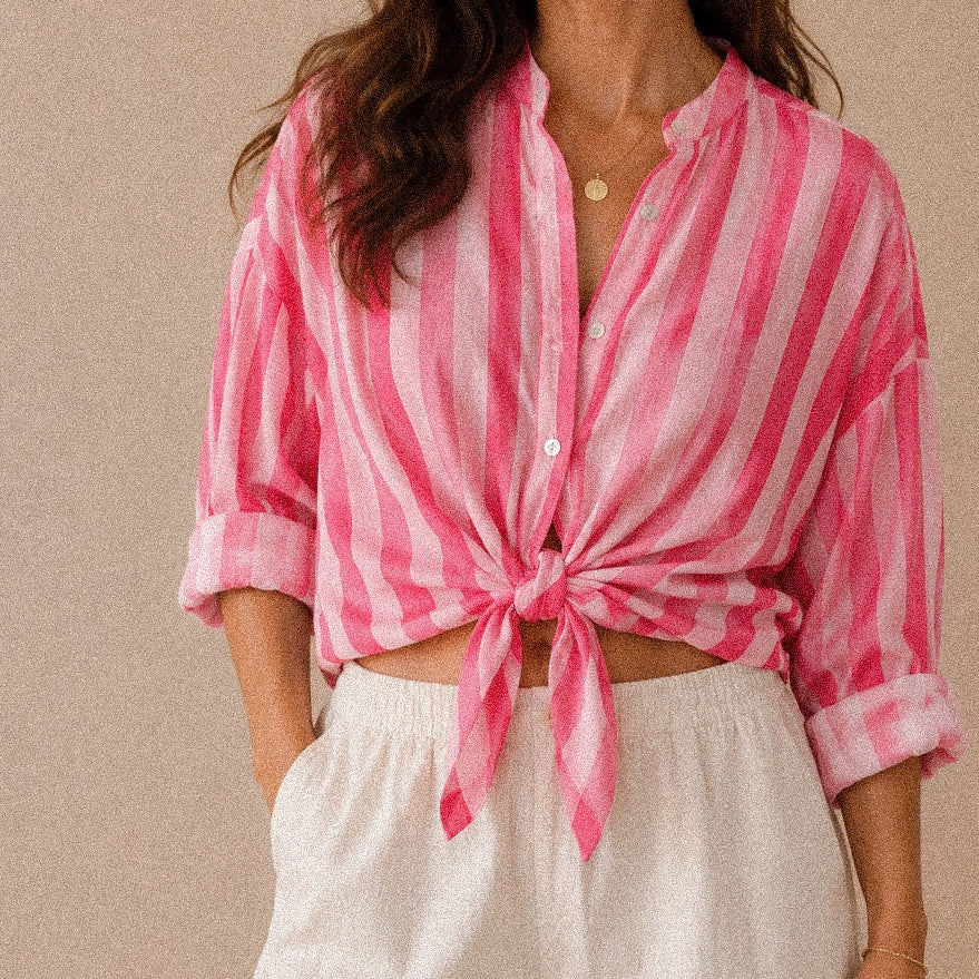 Camicia a Righe Rosa e Fucsia con Colletto Coreano in Cotone