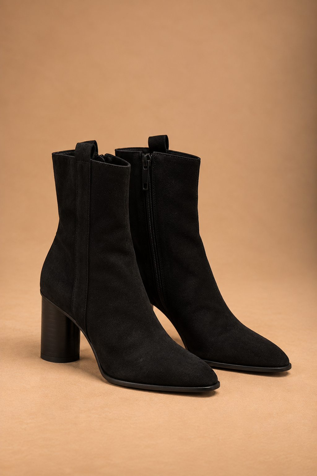 Stivaletti donna neri effetto suede con tacco cilindrico alto 7 cm e zip interna