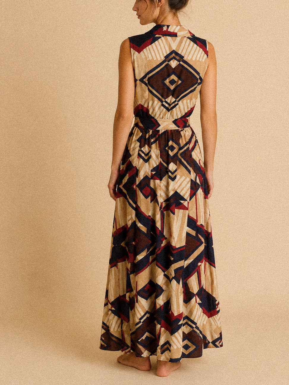 Abito Chemisier Lungo “Tribal” – Fantasia Geometrica in Cotone