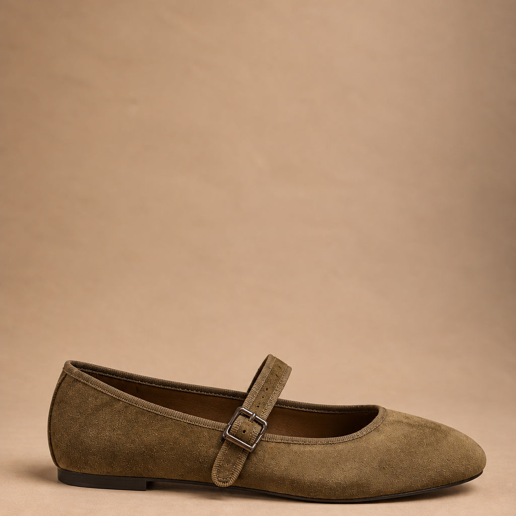 Ballerina Mary Jane Donna in Velluto Taupe con Cinturino Regolabile