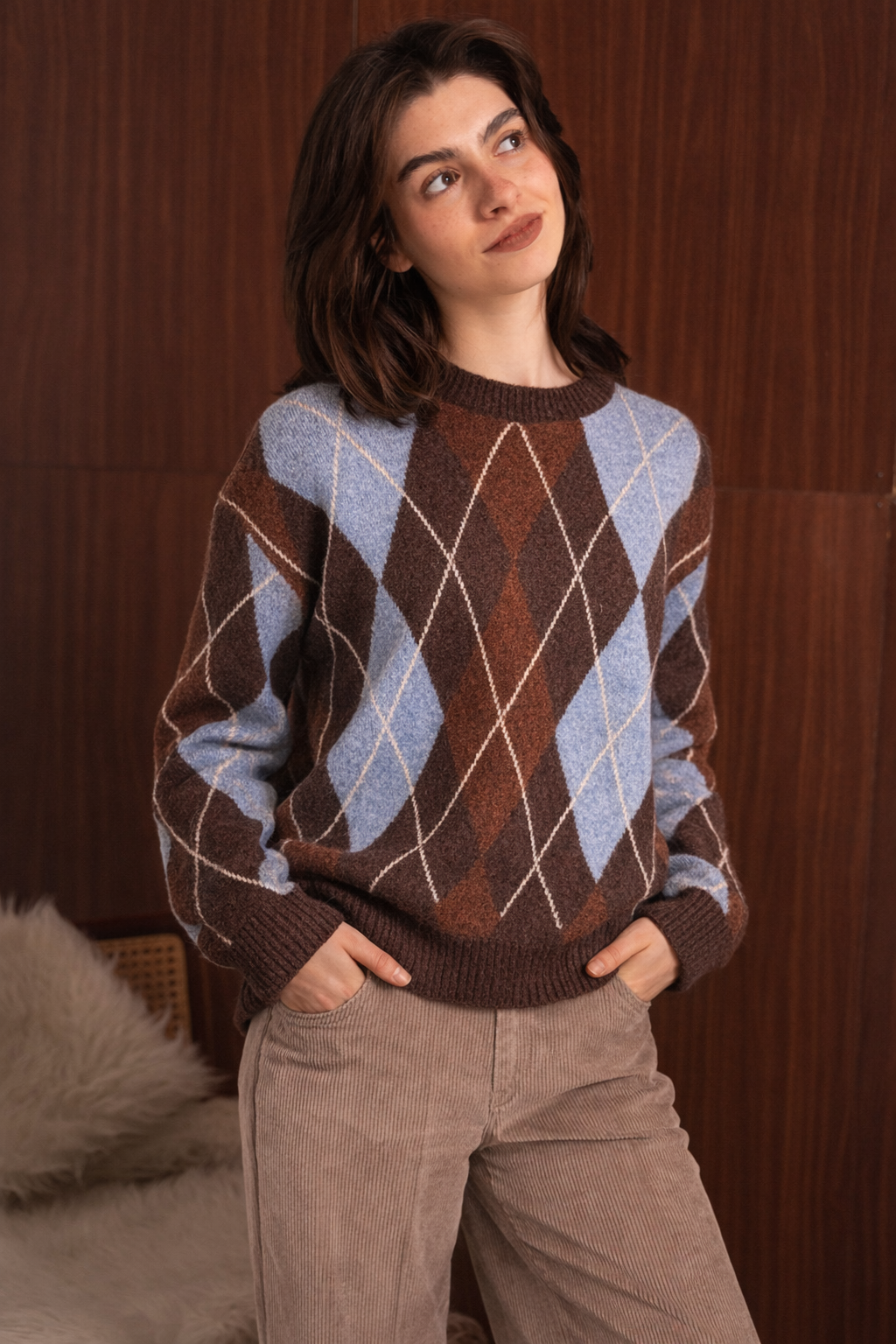 Maglione rombi Argyle Multicolor nei Toni Naturali
