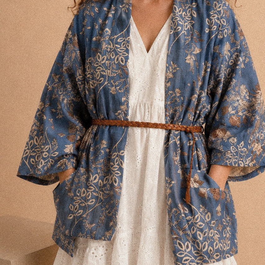 Kimono Floral Blu Polvere