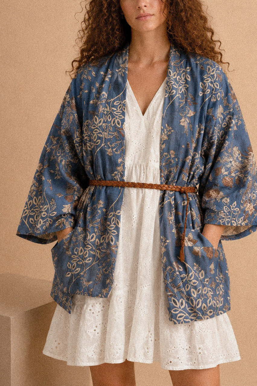 Kimono Floral Blu Polvere