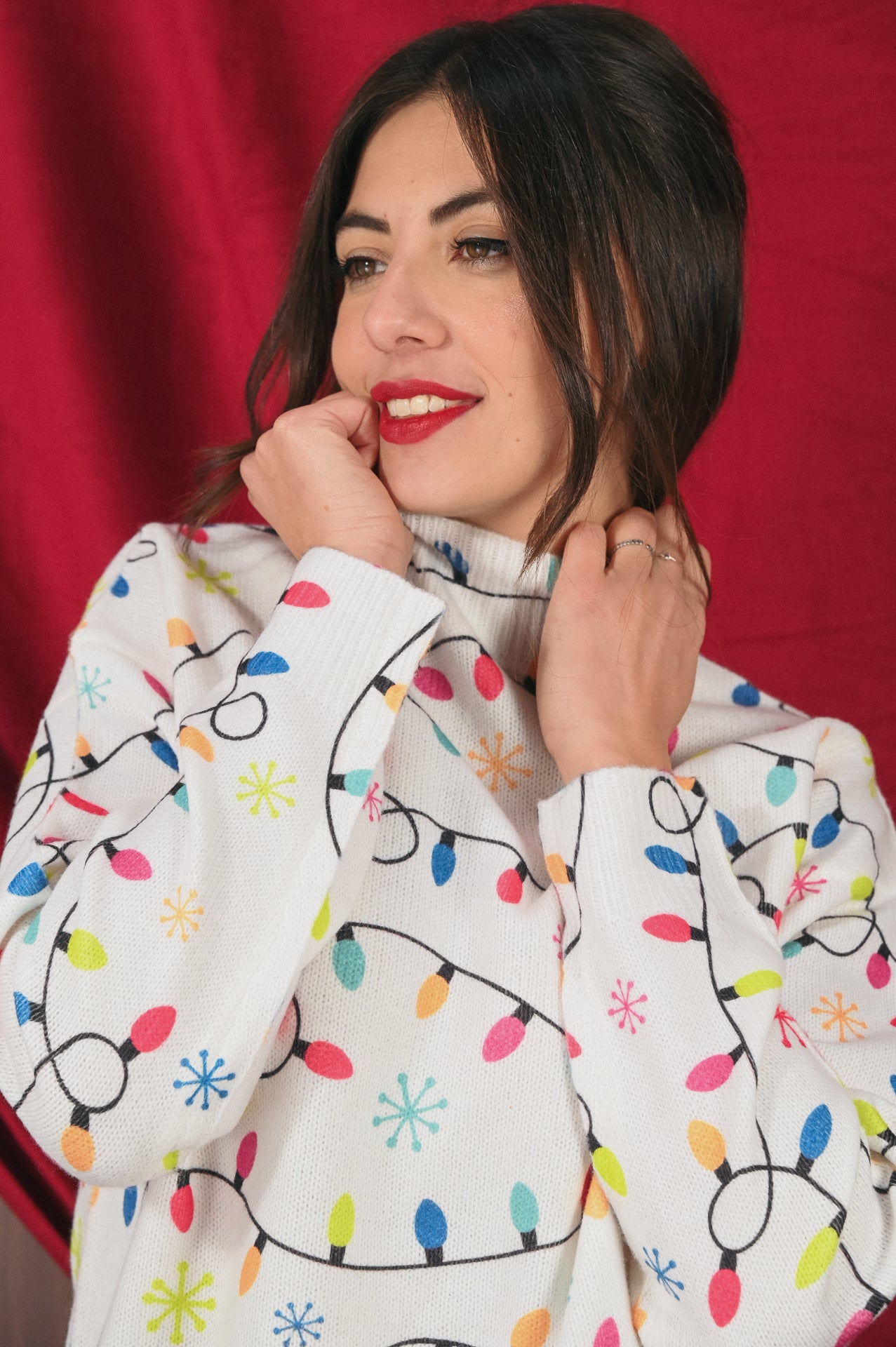 Maglione Natalizio Donna Fantasia Luci di Natale | Pullover Festivo Bianco Panna