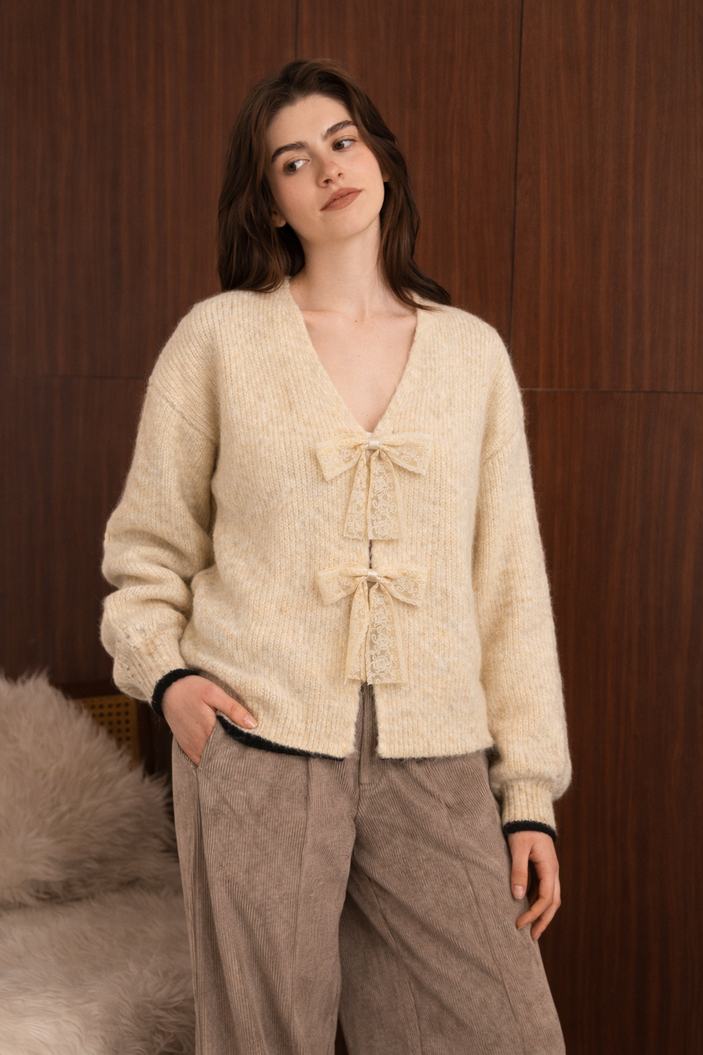 Maglione Double-Way beige con Fiocchi in Pizzo | Pullover Lana e Mohair