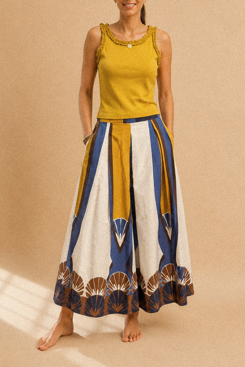 Pantalone Palazzo “Ventaglio” – Fantasia Geometrica in Cotone