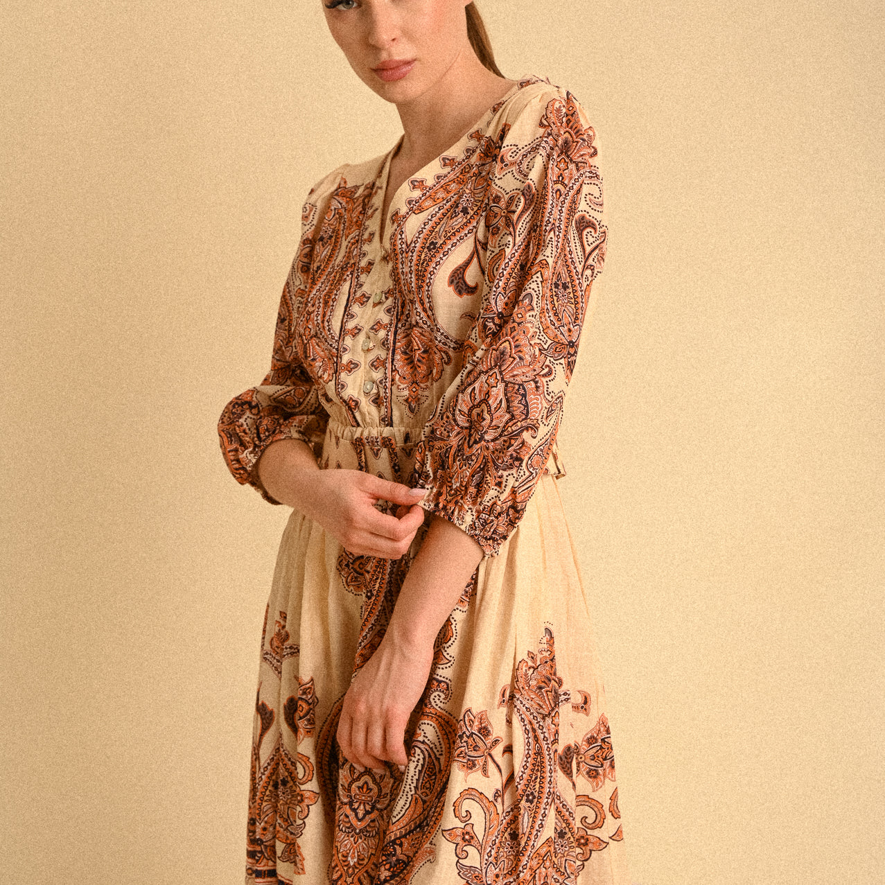 Abito Marrakech Kasbah Paisley in Cotone con Cintura e Maniche 3/4 Donna