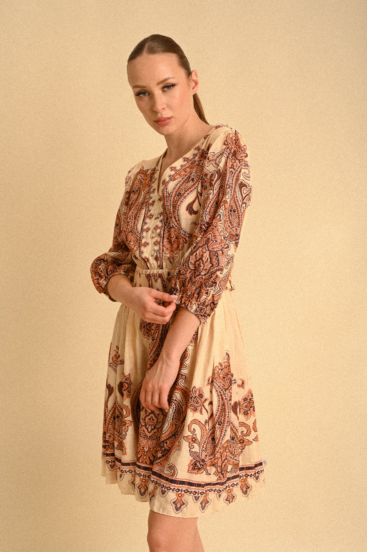 Abito Marrakech Kasbah Paisley in Cotone con Cintura e Maniche 3/4 Donna