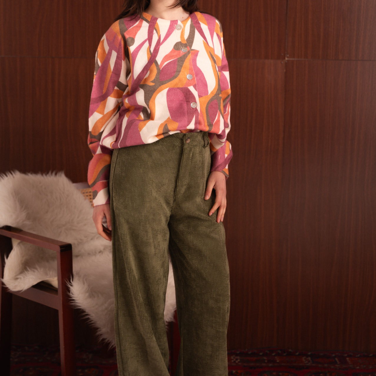 Pantaloni verde donna in velluto a coste larghe