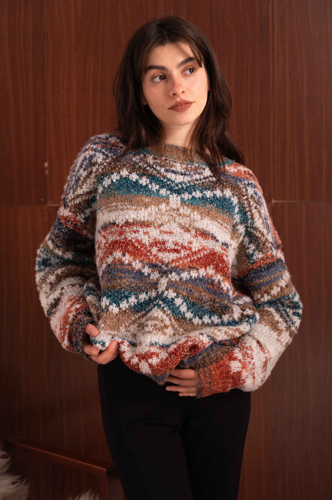 Maglione fantasia a righe petrolio panna e arancio– morbido effetto mélange