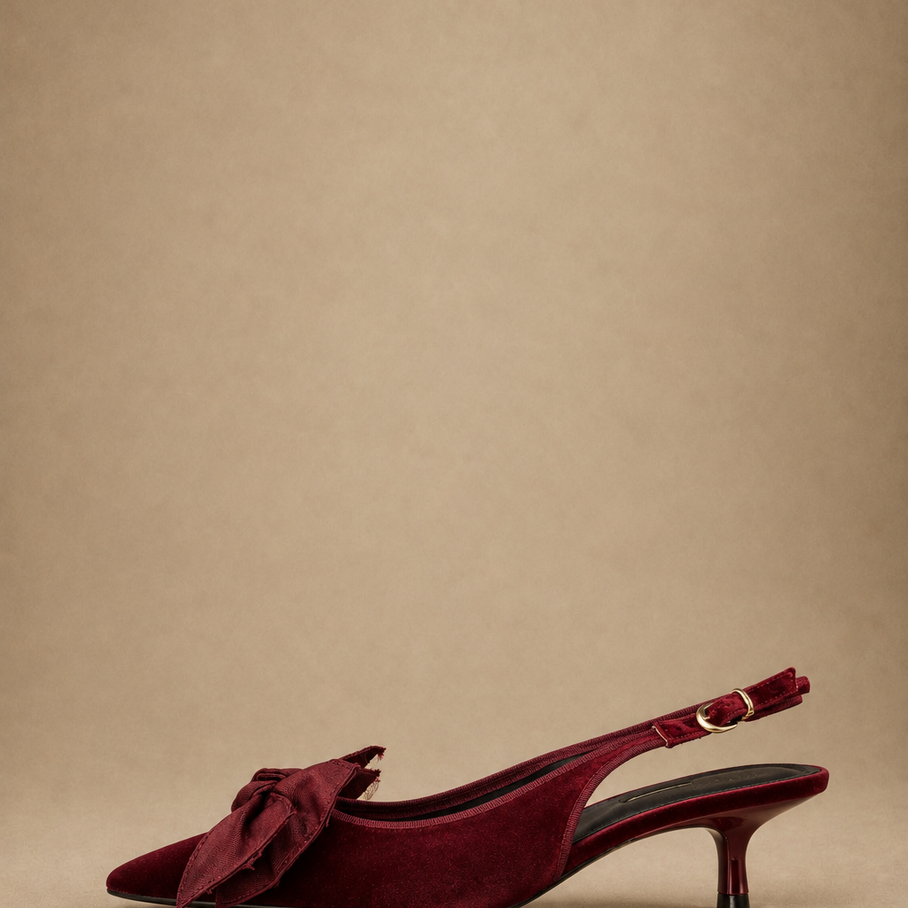 Décolleté Slingback Donna in Velluto Bordeaux con Fiocco e Tacco Kitten Heel 3 cm