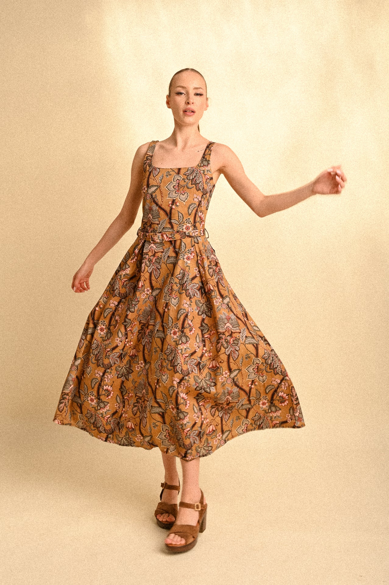 Abito Midi Jaipur Garden in Cotone con Cintura