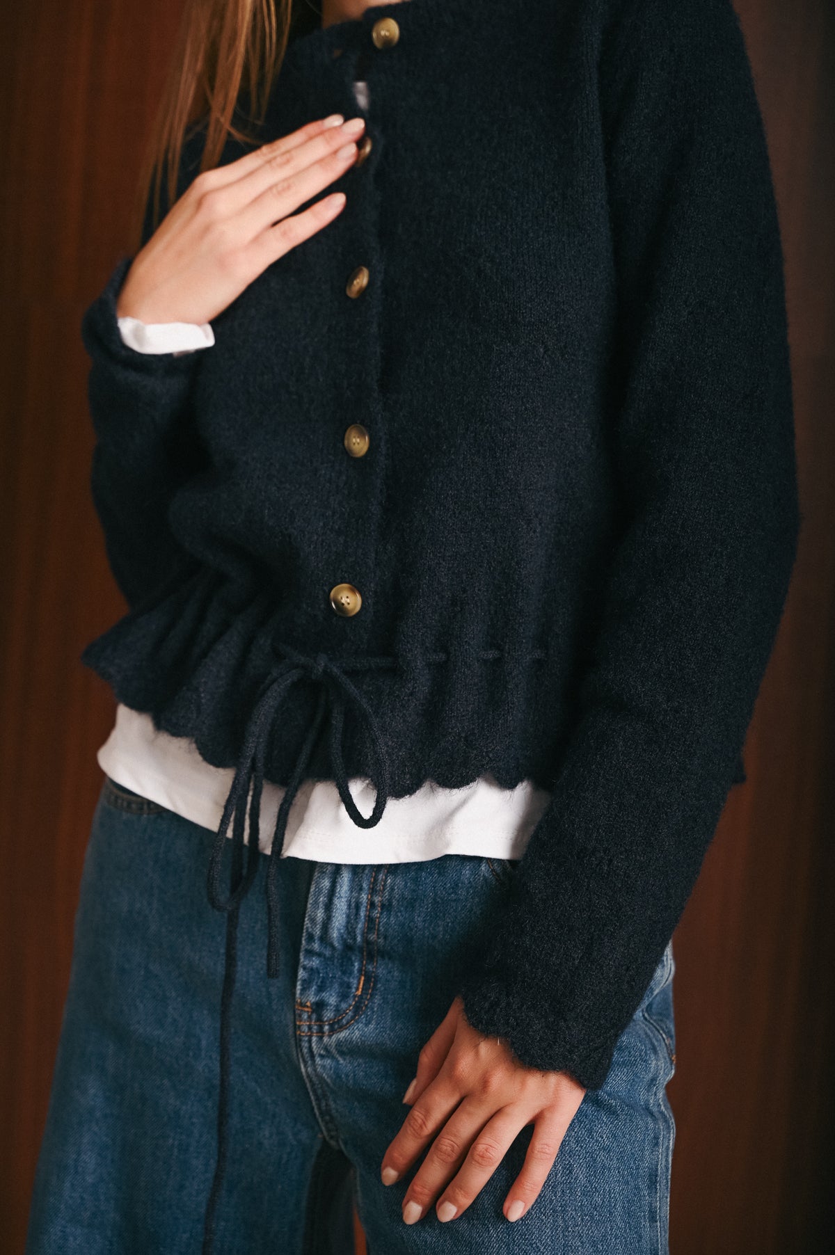Cardigan Donna Blu Navy in Misto Lana con Ricamo Traforato e Cintura
